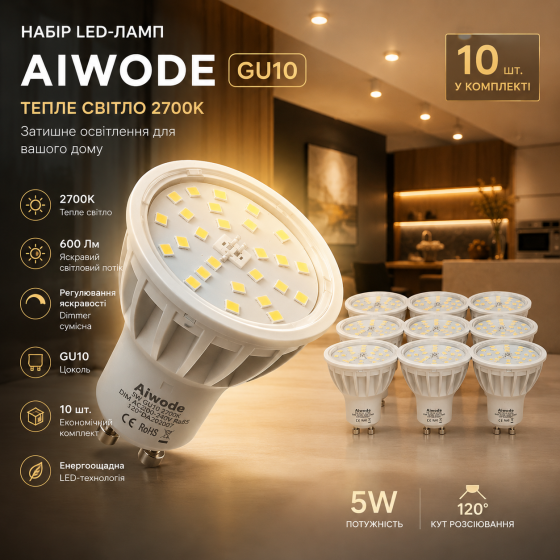 Набор LED-ламп Aiwode GU10 5W (10 шт.), теплый свет 2700K, 600 Lm, с регулировкой яркости Киев