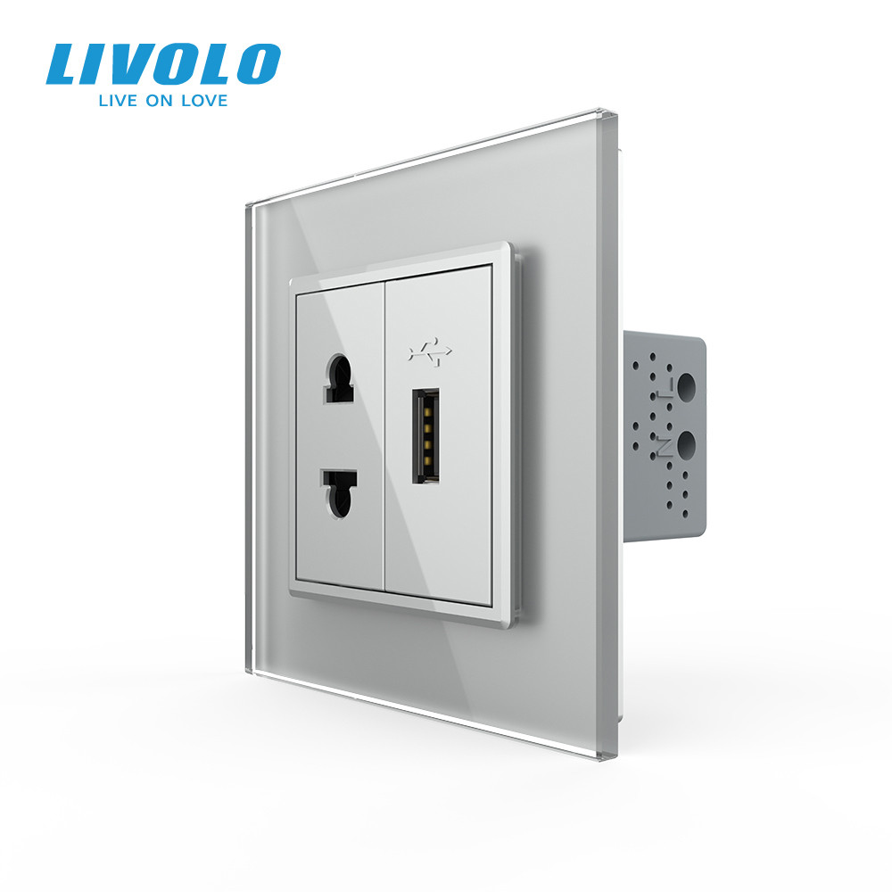 LIVOLO Розетка універсальна з USB розеткою Livolo сірий скло (VL-C7C1AUSB-15) Коломия - фото 1