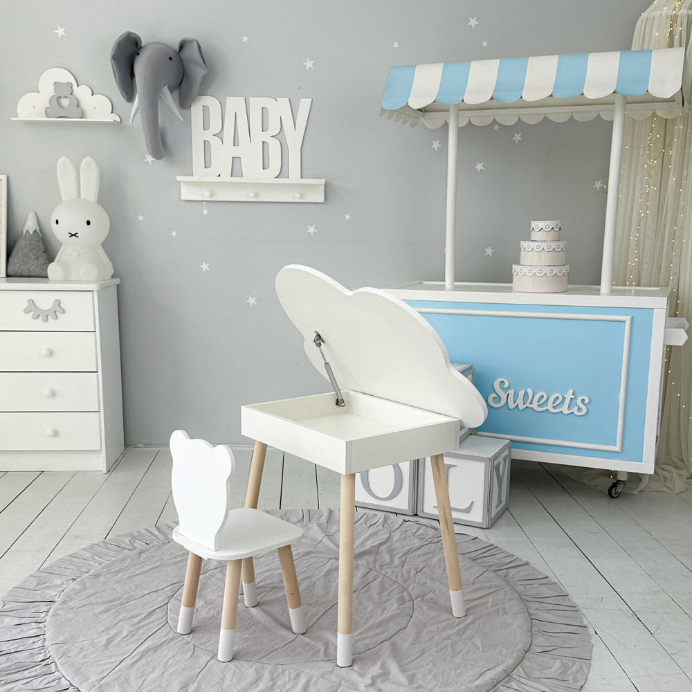 Столик хмаринка з нішею для речей 54х68х50 і стільчик спинка в формі медведика 26х26х24, стіл та стілець в дитячу кімнату, білий Київ - фото 7