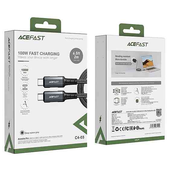 Кабель ACEFAST C4-03 Type-C to Type-C 5A, 100W, 2m, nylon, zinc connectors, Gray Киев