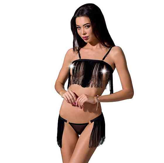 Комплект білизни Passion Exclusive KASSANDRA SET OpenBra L/XL black, ліф з бахроми, трусики-спідниця Sex Aura Київ