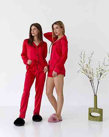 Комплект шелковый тройка рубашка с шортами и штанами Красный M Харьков