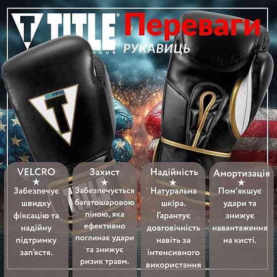 Боксерські рукавиці TITLE Boxeo Mexican Leather Quatro Black/White 14 oz (бинти 4м. в комплекті) Каменское