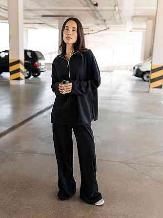 Женский повседневный оверсайз костюм двойка: кофта и штаны трикотаж пума рубчик Черный Одесса