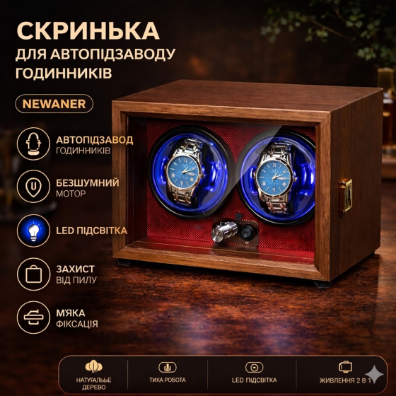 Шкатулка для автоподзавода часов / Виндер / Watch Winder / Ротомат Newaner 2 слота, деревянный корпус, тихий мотор, LED Киев