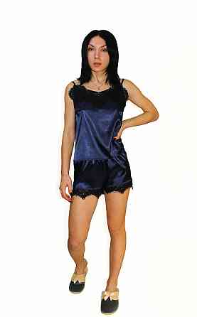 Піжама жіноча атласна майка і шорти з мереживом Синій 44 Харків