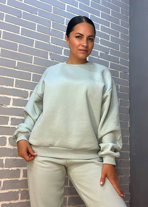 Свитшот женский Pepper mint 24-15 оверсайз удлиненная надпись впереди утепленный флис, мятный, M Киев - изображение 1