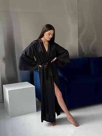 Жіночий довгий шовковий халат Черный XS/M Харьков
