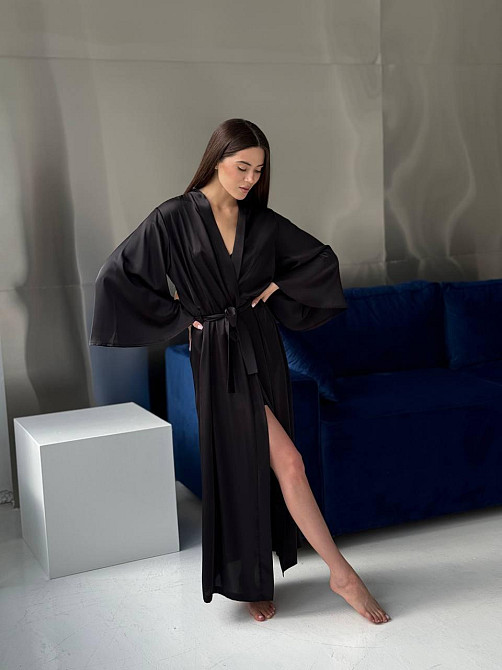 Жіночий довгий шовковий халат Черный XS/M Харьков - изображение 2