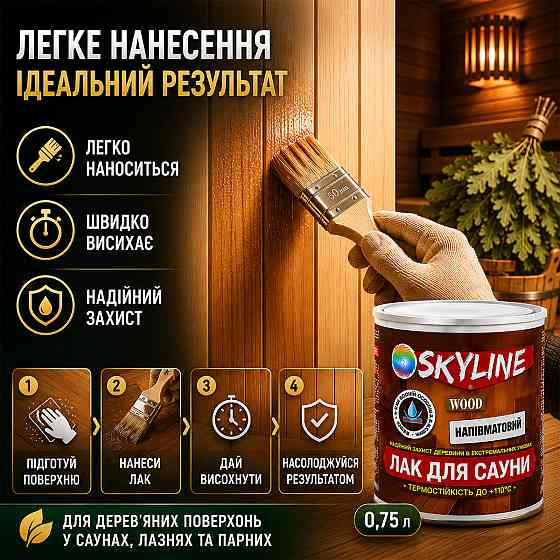 Лак для сауни SkyLine WOOD 0.75 л — акриловий напівматовий лак для дерева, прозорий, без запаху, термостійкий до +110°C Харків