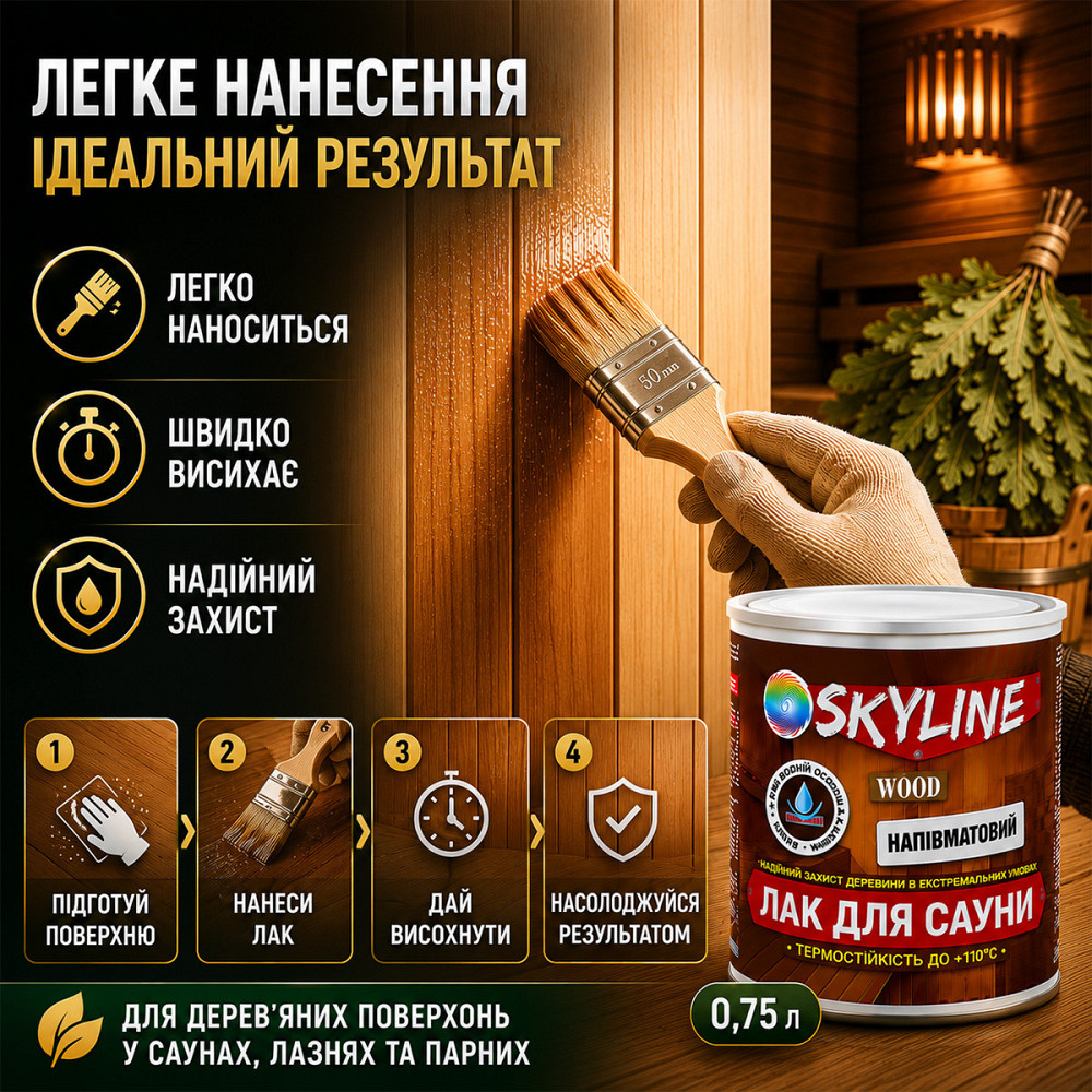 Лак для сауны SkyLine WOOD 0.75 л — акриловый полуматовый лак для дерева, прозрачный, без запаха, термостойкий до +110°C Харьков - изображение 6