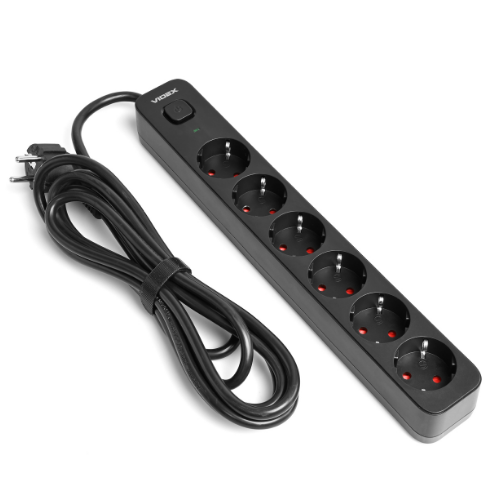 Мережевий подовжувач із заземленням 6 розеток 3м з кнопкою чорний VF-PD63G-B Oncord Videx Житомир - изображение 4