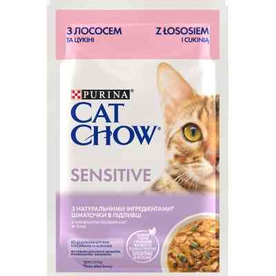 Вологий корм для кішок Purina Cat Chow Sensitive з Лососем та Цукіні в желе 85 г (8445290426574) Вінниця