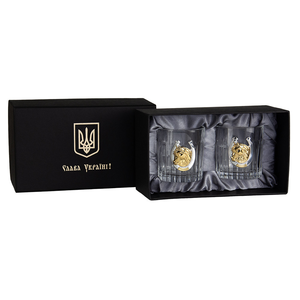 Набор хрустальных бокалов для виски Золотой конь 2026 Boss Crystal (2 бокала 360мл) декорирован серебром и золотом Киев - изображение 1