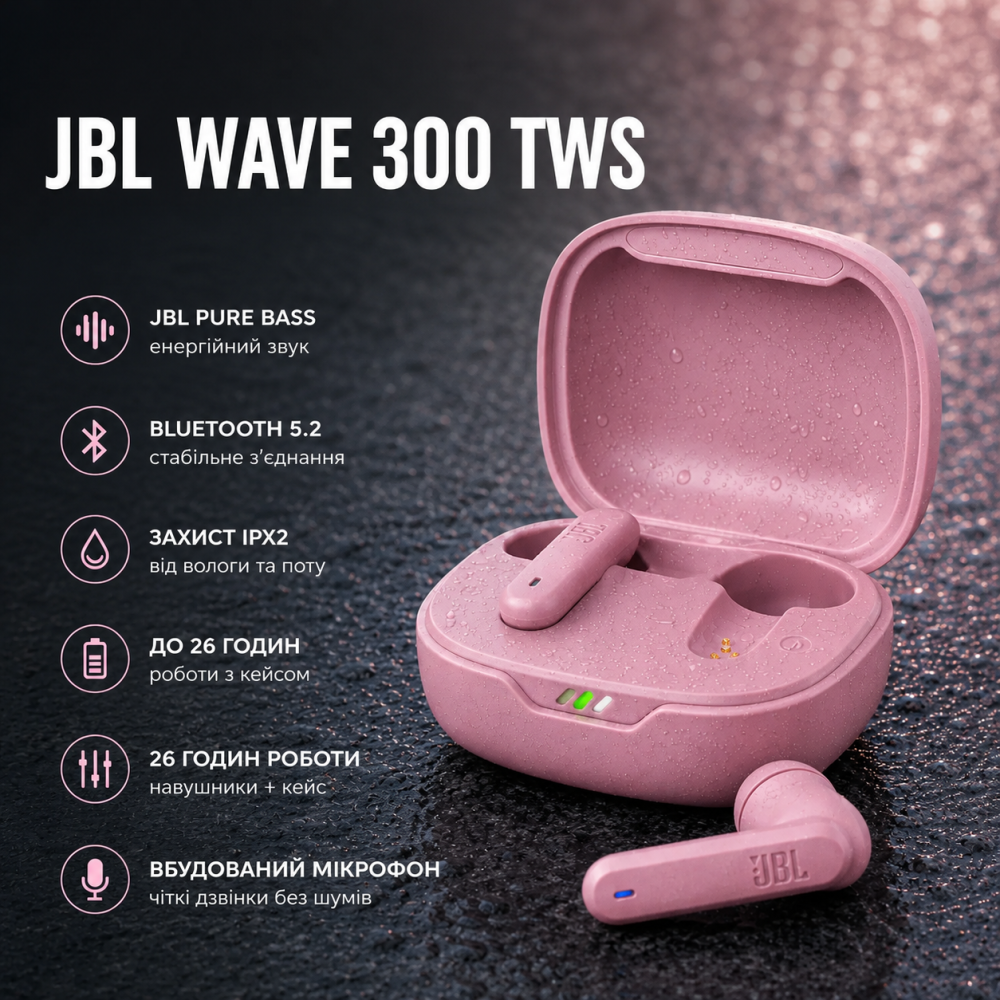Бездротові навушники JBL Wave 300 TWS Blue Вкладиші Bluetooth навушники з Pure Bass сенсорні рожеві Київ - фото 18