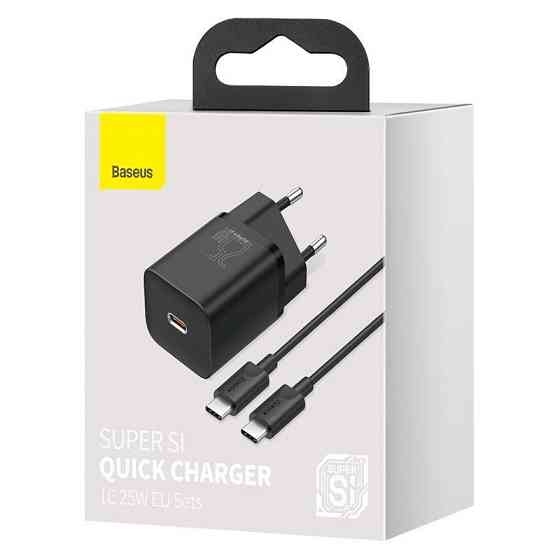 Мережевий зарядний пристрій Baseus Super Si Quick Charger 1C 25W EU Sets, колір чорний (With Mini, колір білий Cable Type-C - Одеса