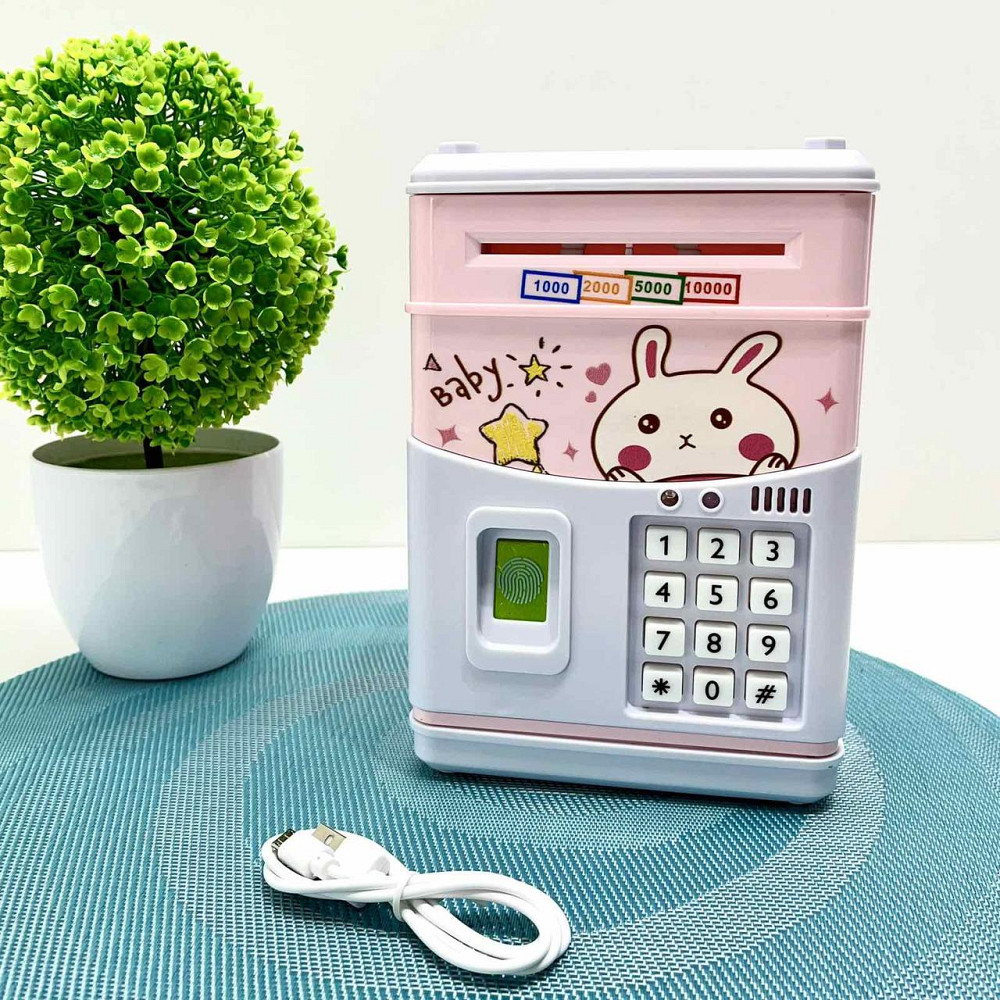 Сейф-скарбничка Банківський термінал з кодовим замком відбиток затягує купюри звук підсвічування від аккамулятора Рожевий Вид2 Чернігів - фото 1