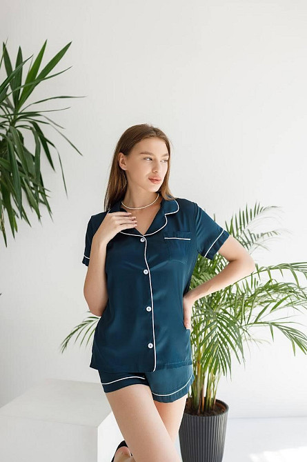 Зелений шовкова піжама з шортами Смарагд б/к M Харків - фото 2