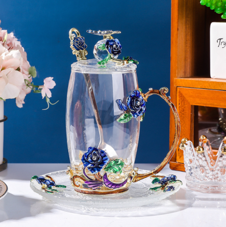 Чашка термостойкая 350 мл с ложечкой блюдцем и крышечкой Чайная пара Синяя роза Подарочная упаковка Кременчуг