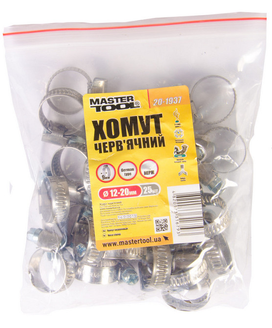 MASTERTOOL Хомут черв'ячний MASTERTOOL German type W2 DIN 3017 9.0 мм Ø 12-20 мм 25 шт 20-1937 Коломыя - изображение 1