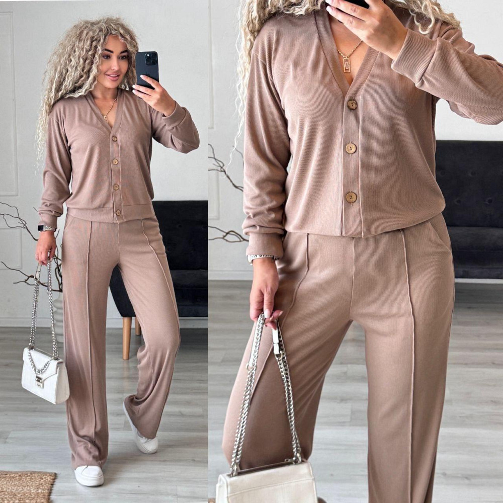 Жіночий стильний повсякденний костюм-двійка: кардиган на ґудзиках + штани трикотажний рубчик Бежевий, 46/48 Одеса - фото 9