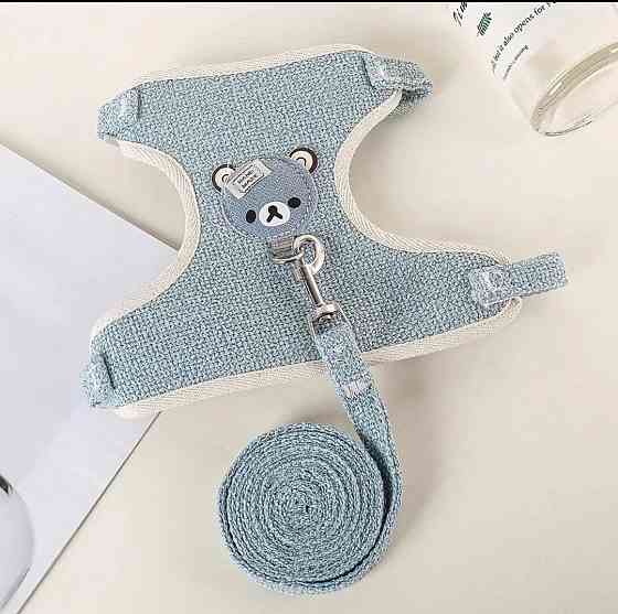 Шлея для собачек и кошек с поводком тканевая S голубой Киев