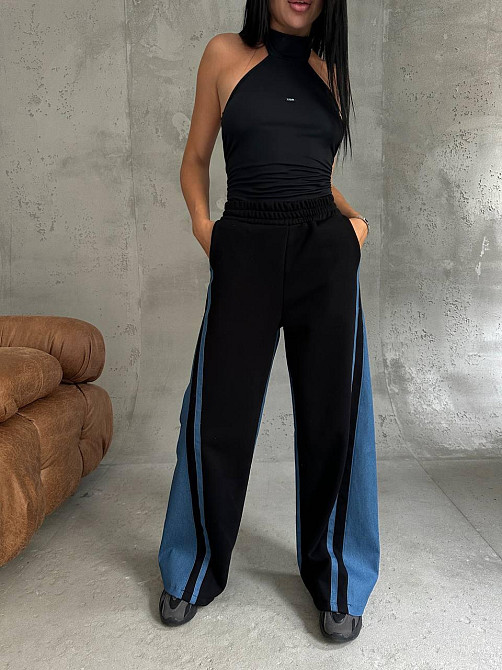 Женские стильные комбинированные брюки палаццо с лампасами плотный джинс + трехнитка петля пенье 46/48 Одесса - изображение 2