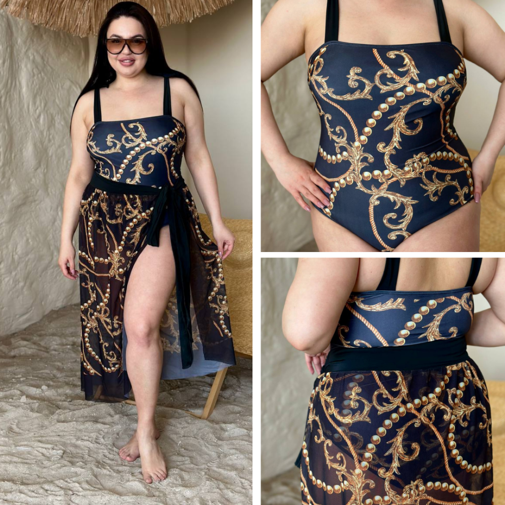 Женский сдельный купальник больших размеров с парео plus size с поролоновыми чашками и принтом бифлекс черный Одесса - изображение 1