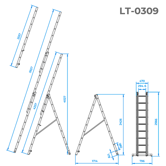 Драбина алюмінієва, 3‑секційна універсальна розкладна, 3×9 сход., 5,93 м, 150 кг INTERTOOL LT-0309 Київ