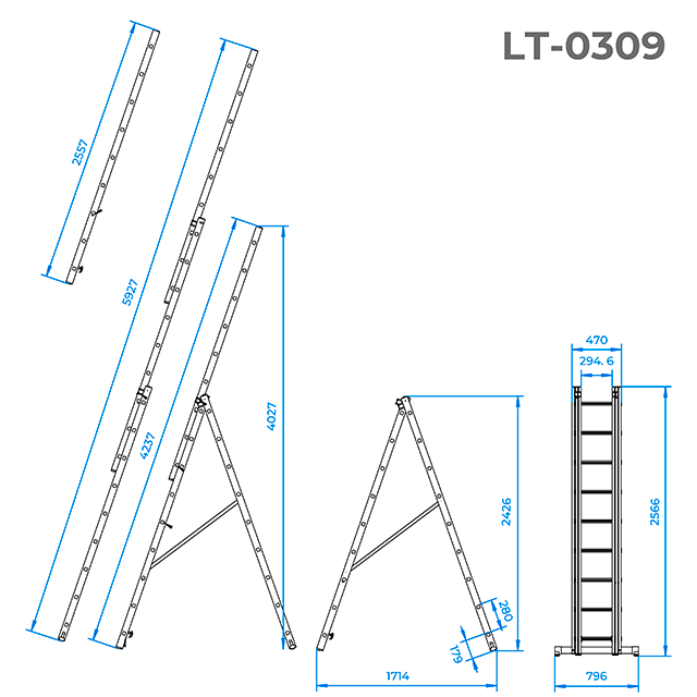 Драбина алюмінієва, 3‑секційна універсальна розкладна, 3×9 сход., 5,93 м, 150 кг INTERTOOL LT-0309 Киев - изображение 4