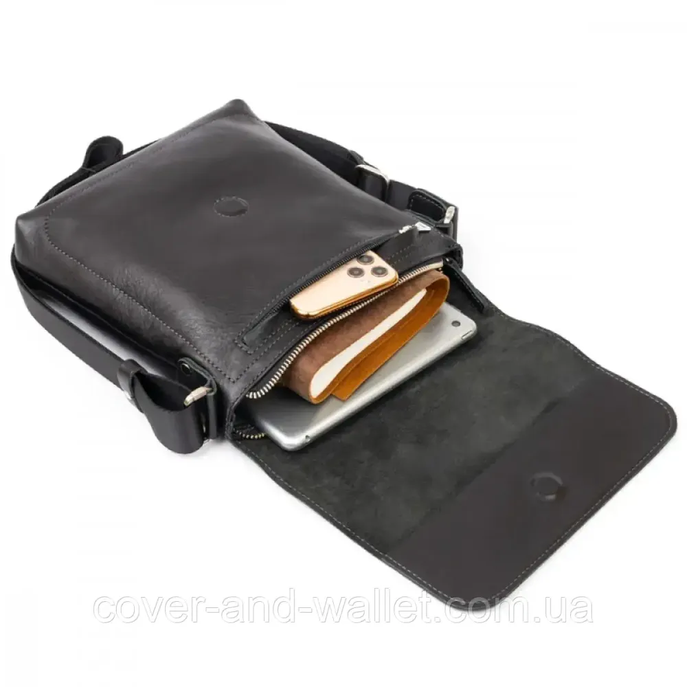 Наплечная мужская сумка на магнитах из черной гладкой кожи Grande Pelle 754610 Киев - изображение 3