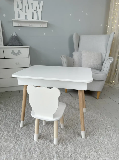 Детский столик с ящиком для карандашей + стульчик Мишка (Белый) Винница - изображение 3