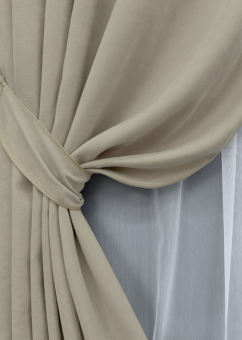 Комплект штор VR-Textil Микровелюр Petek 100х270 2шт и Тюль 300х270 1488ш-1153т Бежевый с белым 71-057/1 Киев - изображение 4