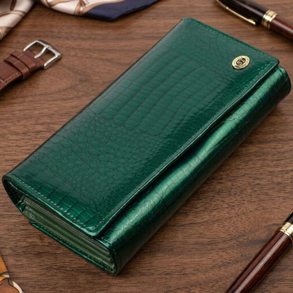 Лакированный женский кошелек с блоком для визиток из натуральной кожи ST Leather 19424 Зеленый Киев - изображение 11