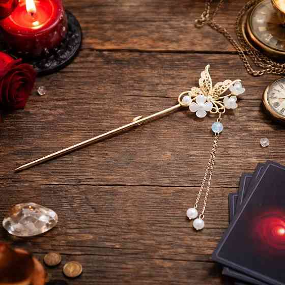 Шпилька для волос с бабочкой и жемчугом, декоративная палочка для волос с подвесками 16,5 см Киев