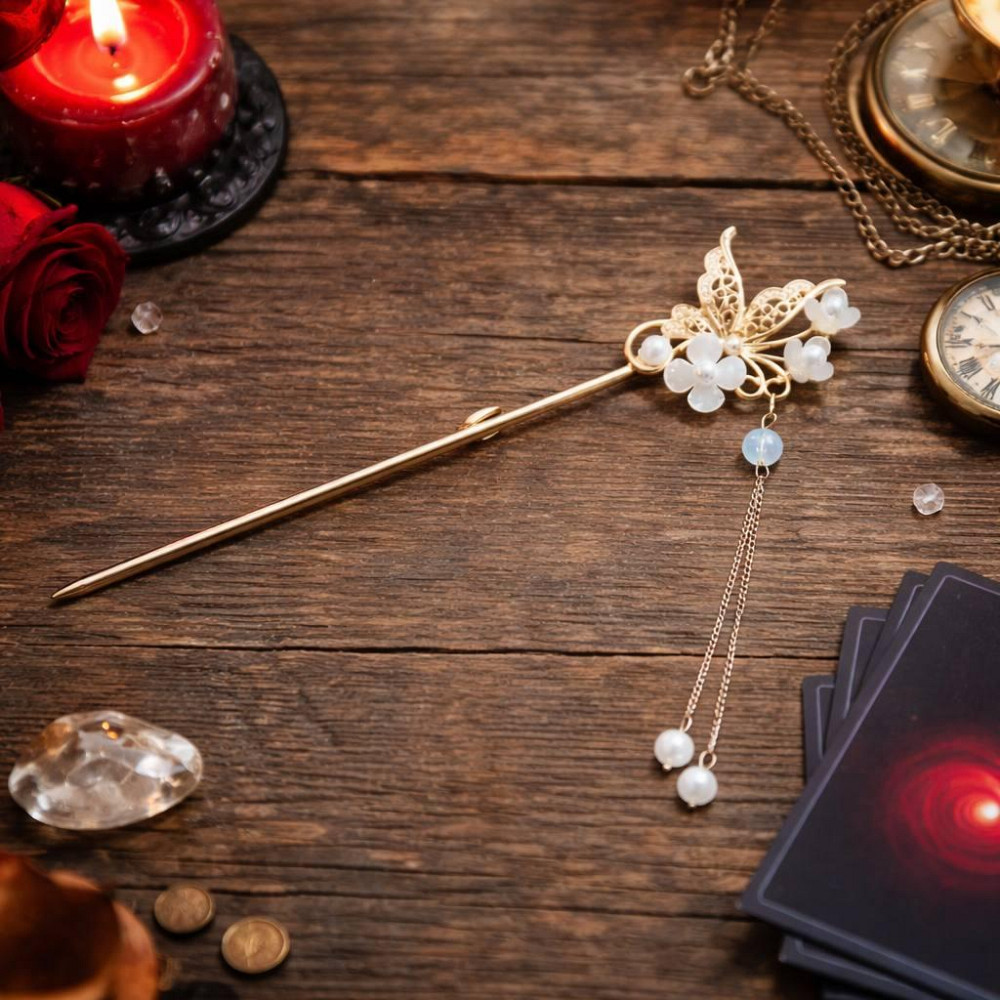 Шпилька для волосся з метеликом і перлинами, декоративна паличка для волосся з підвісками 16,5 см Київ - фото 3