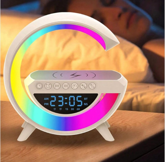 BT-3401 Bluetooth-колонка 3 в 1 с цифровыми часами, беспроводной зарядкой и LED-ночником, 7 цветов, белая Киев