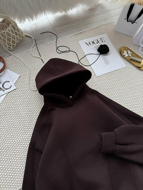 Женская стильная теплая худи с фиксаторами цельная турская трехнить на флисе Шоколад Одесса - изображение 2