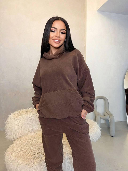 Женский теплый прогулочный костюм двойка: худи и штаны двусторонний флис Шоколадный, 46/48 Одесса - изображение 5