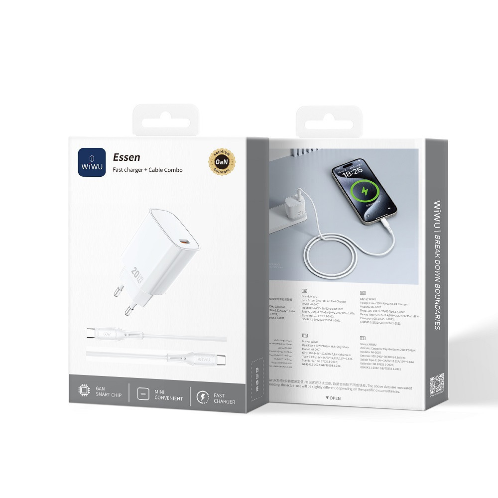 Сетевое зарядное устройство с кабелем WIWU 20W Essen GaN Fast Charger+ Cable Combo Wi-G007 C-C EU White Одесса - изображение 2