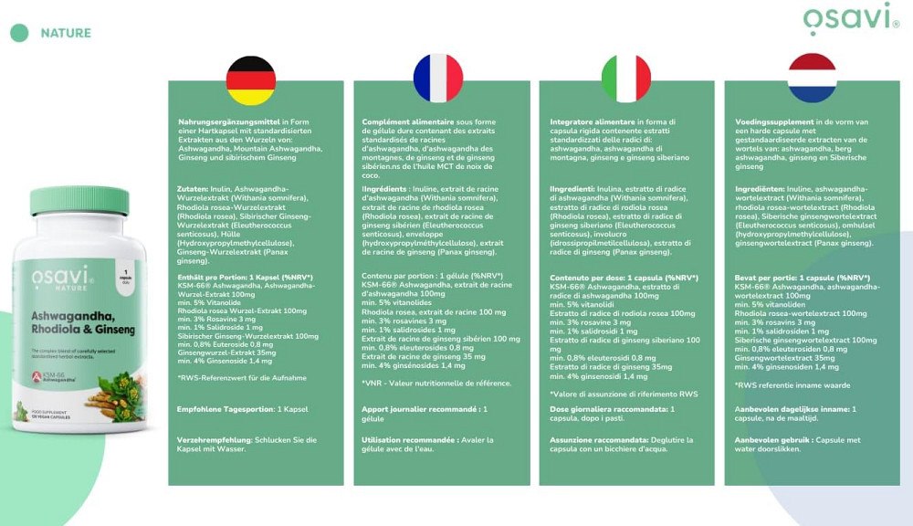 Ашвагандха + Родиола + Женьшень Osavi Ashwagandha + Rhodiola & Ginseng Vegan 120 caps Луцк - изображение 3