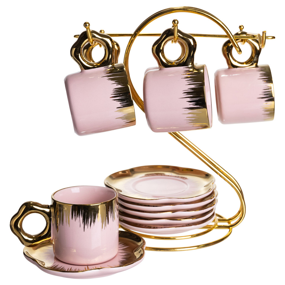 Набір чашок для кави на металевій підставці 6 (шт) по 100 (мл) подарунковий кавовий сервіз набір чашок Розовий із золотом FM-48 Коломия - фото 2