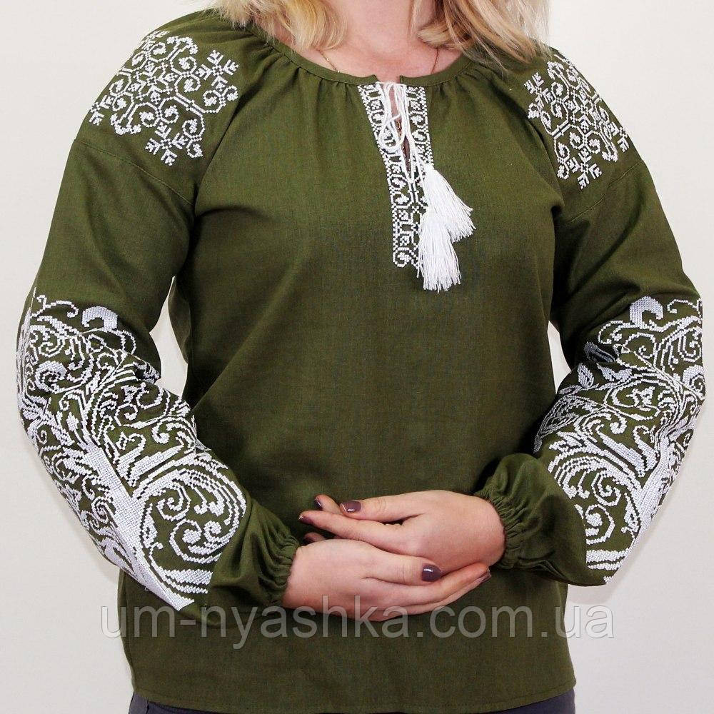 Натуральна лляна вишиванка жіноча хакі блуза з вишивкою "Дерево життя" р.S Кривий Ріг - фото 7