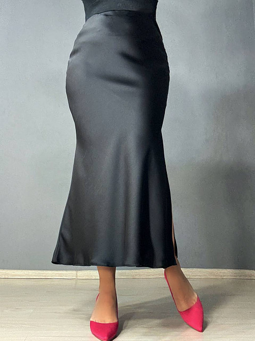 Спідниця жіноча Gritana 230 атласна королівський шовк з розрізом на резинці чорна, чорний, S Київ - фото 8