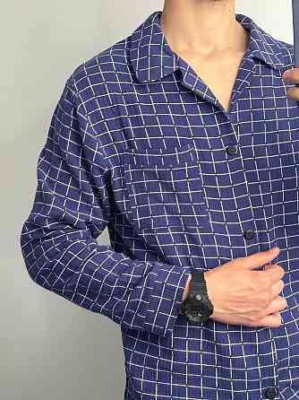 Мужской домашний костюм из муслиновой ткани на пуговицах Синий M-L Харьков