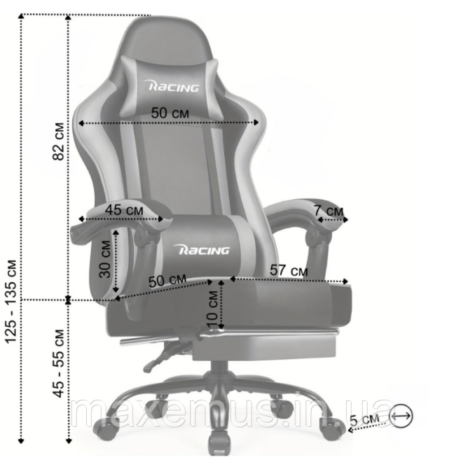 Компьютерное кресло с нагрузкам до 300 кг для геймера с подставкой для ног и регулировкой спинки Bonro Racing B-059 серое Мостиська - фото 2