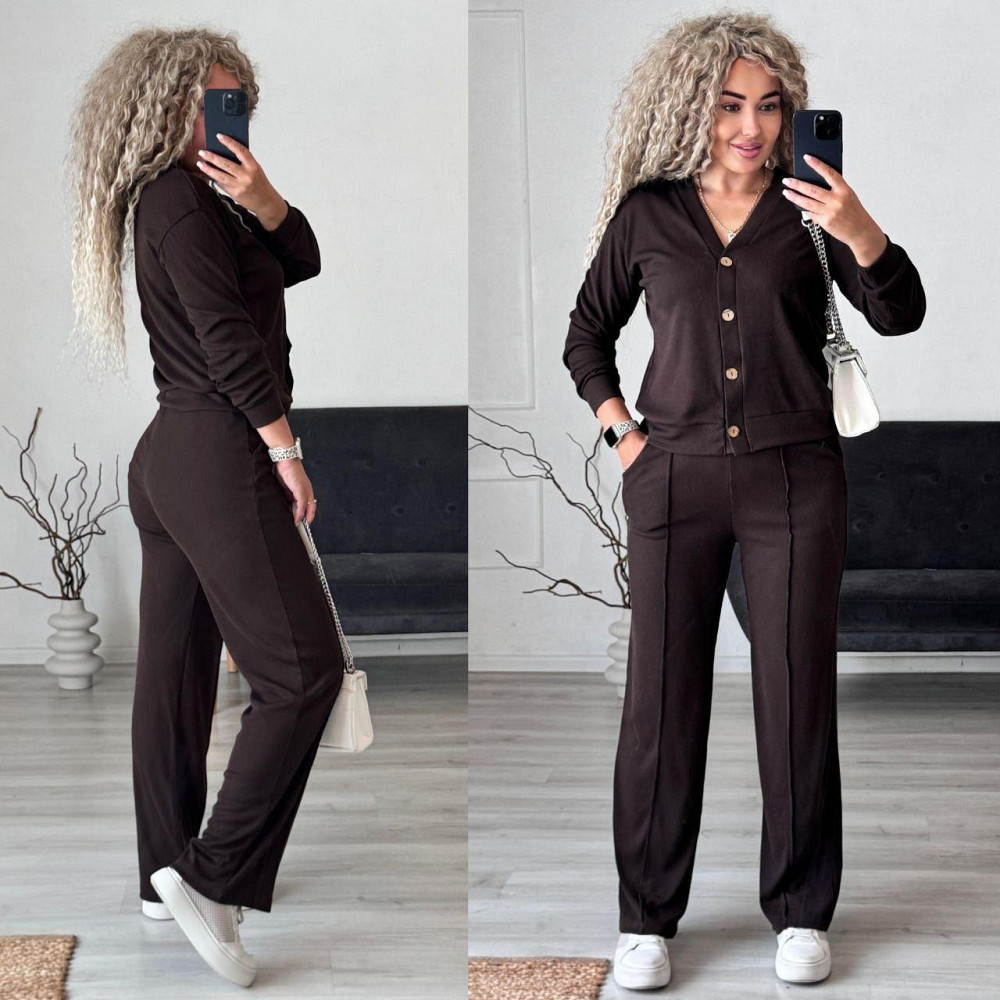 Жіночий стильний повсякденний костюм-двійка: кардиган на ґудзиках + штани трикотажний рубчик Шоколад, 42/44 Одеса - фото 10