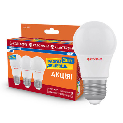 Лампочка Electrum A50 6W PA LD- 7 E27 4000K 3шт. (A-LD-1854) Винница - изображение 1