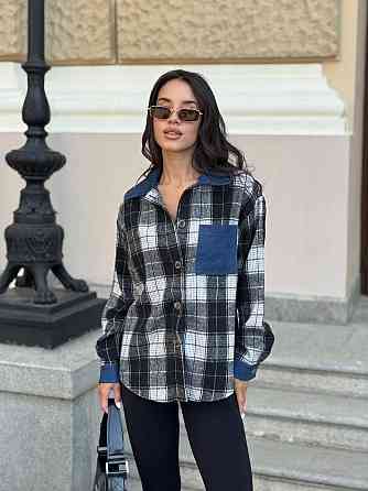 Женская стильная рубашка в клетку с джинсовыми вставками турецкая байка Черный, 46/48 Одесса