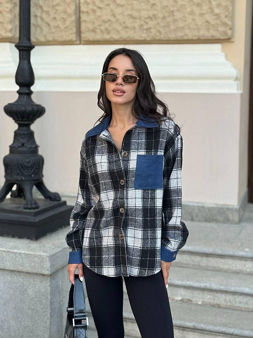 Женская стильная рубашка в клетку с джинсовыми вставками турецкая байка Черный, 46/48 Одесса - изображение 1